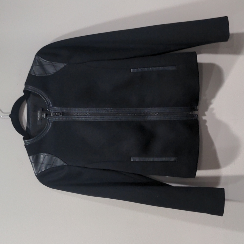 Ann Taylor Women Petite Knit Full Zip Faux Leather Patch Trim Moto Jacket Size S